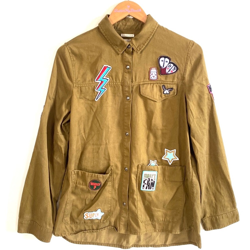 (A53) ZARA Button Down Army Olive Green Long-sleeve Shacket patch accents, Sz s